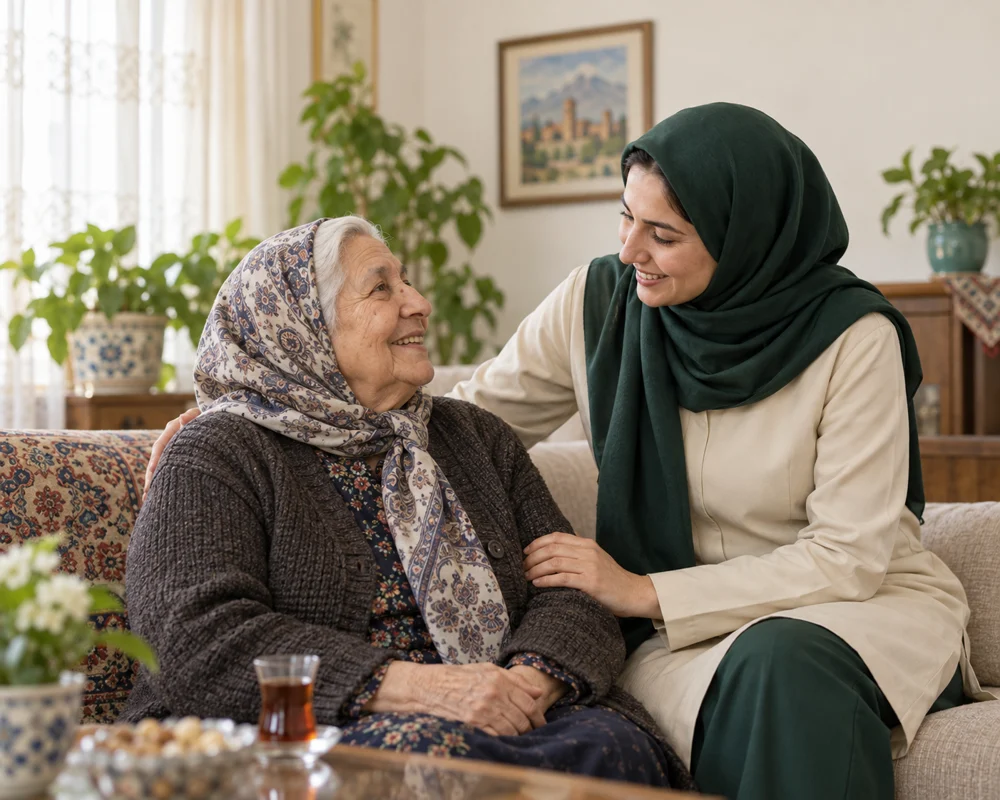 مراقب در کنار سالمند در فضای آرام خانه